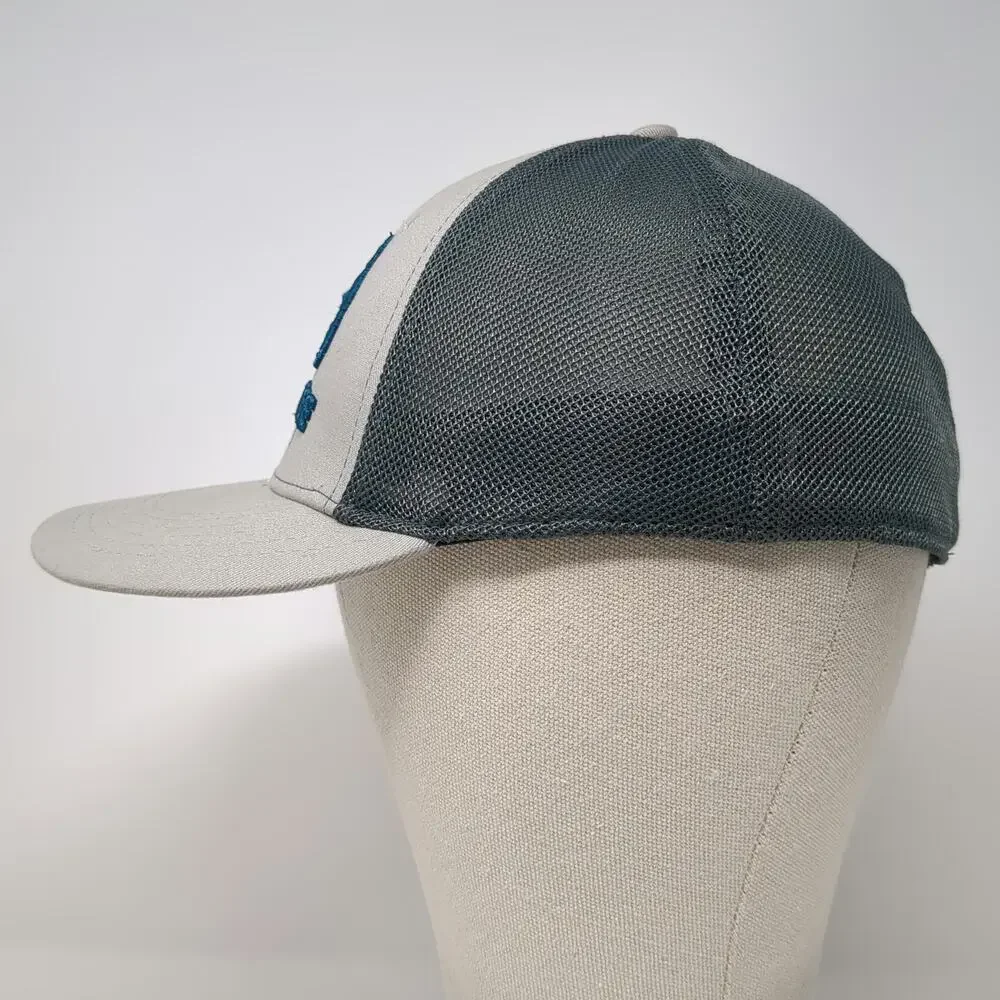 Realtree Baseball Cap Gray Blue M Fishing Hook Logo Mesh Back Stretch Fitted Hat